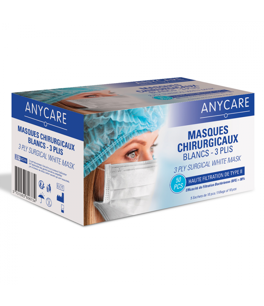 Masques chirurgicaux 3 plis Blanc Boite de 50 Anycare