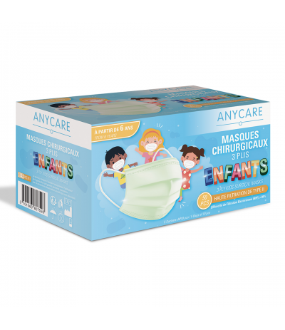 Masques chirurgicaux 3 plis Enfants Boite de 50 Anycare