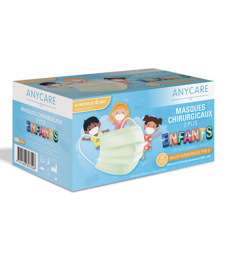 Masques chirurgicaux 3 plis Enfants Boite de 50 Anycare