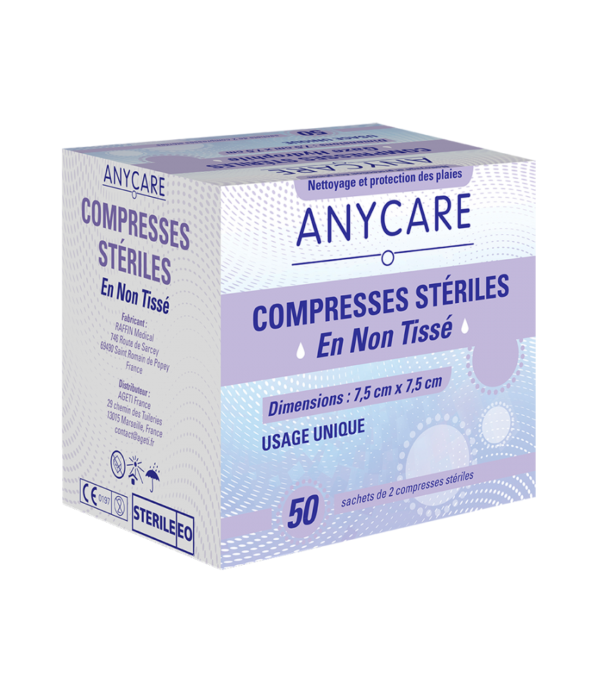 Compresses en non tissé stérile 7.5x7.5cm Boite de 50 Anycare