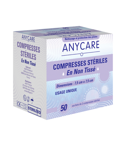 Compresses en non tissé stérile 7.5x7.5cm Boite de 50 Anycare