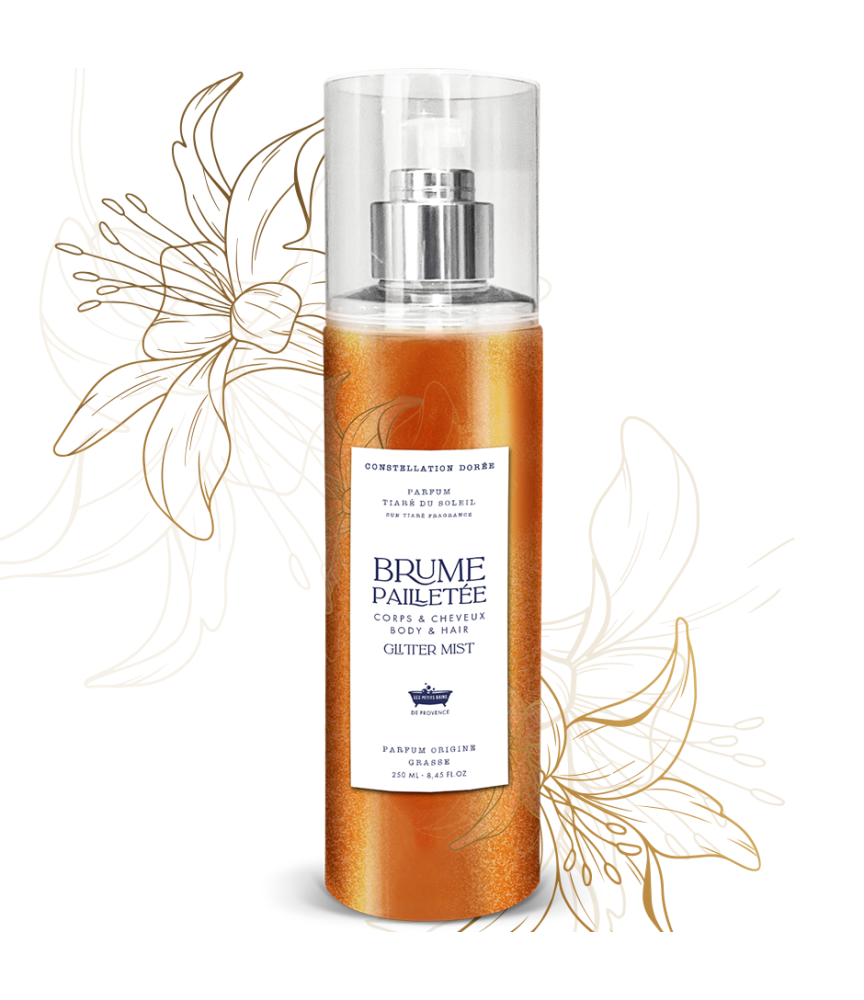 Brume Pailletée Tiaré du Soleil 250ml - Constellation dorée - Les Petits Bains de Provence