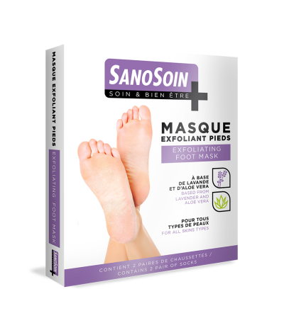 Boite du produit : Masque exfoliant pieds - SanoSoin - à base de lavande et d'aloe vera