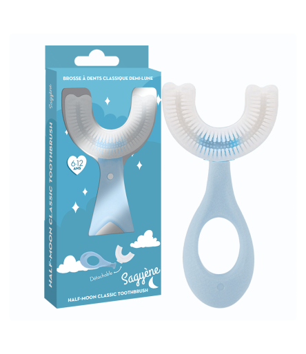 Boite + visuel Brosse à Dents Enfants 6-12 Ans - Demi-Lune Ergonomique - Bleu - Sagyène