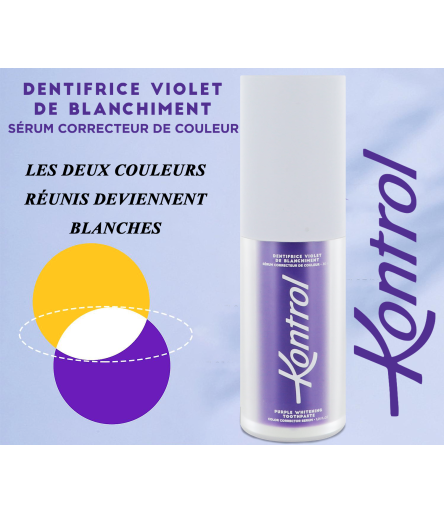 Schéma explicatif montrant comment les pigments violets du dentifrice Kontrol blanchissent les dents jaunes.