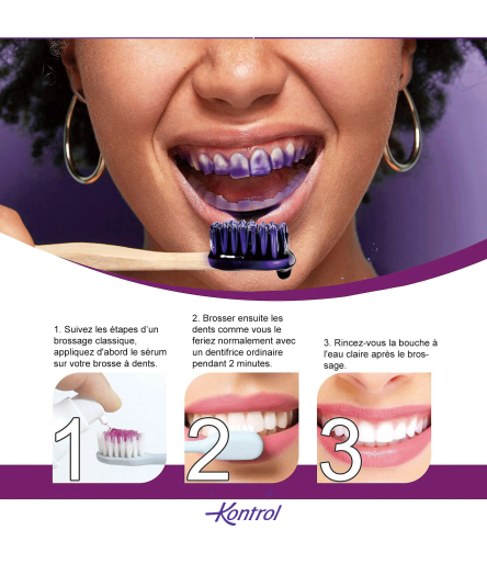 Étapes d'utilisation du Dentifrice Violet Kontrol, de l'application à l'étape de rinçage.