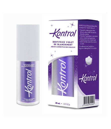 Emballage et tube de Dentifrice Violet de Blanchiment Kontrol 30ml avec des indications sur le sérum correcteur de couleur.