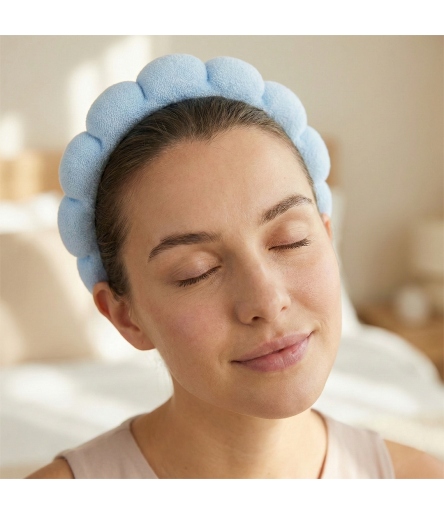 femme détendu avec le serre-tête spa bleu